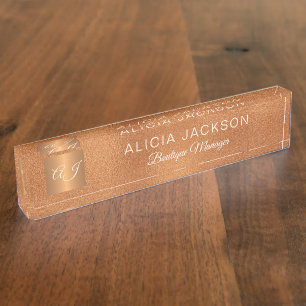 Luxury elegant rose gold copper glitter monogram desk name plate