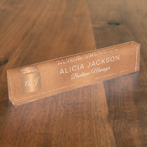 Luxury elegant rose gold copper glitter monogram desk name plate