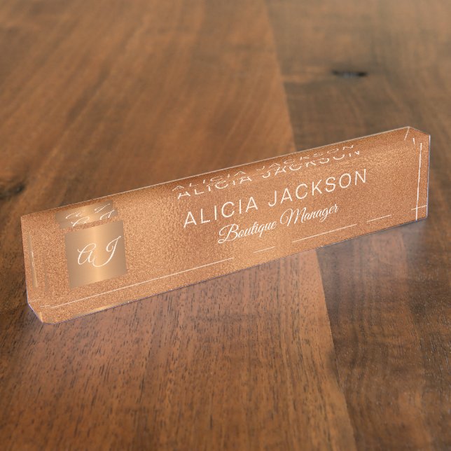 Luxury elegant rose gold copper glitter monogram desk name plate (Side)