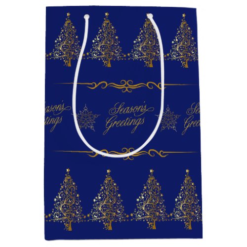 Luxury Elegant Royal Blue Gold Christmas Tree Medium Gift Bag