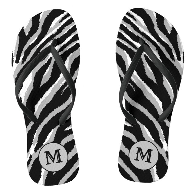 Luxury Elegant Silver Black Monogrammed Tiger Flip Flops (Footbed)
