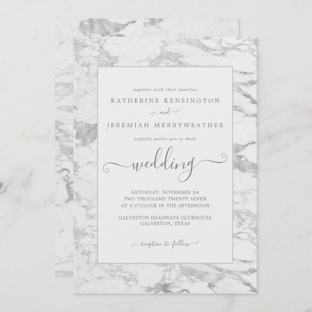 Luxury Elegant Silver Foil Marble Wedding Invitation (Front/Back)