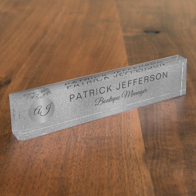 Luxury elegant silver glitter black monogrammed desk name plate (Side)