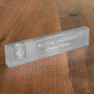 Luxury elegant silver glitter grey monogrammed desk name plate