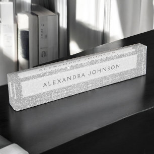 Luxury Elegant Silver Glitter Sparkle Modern Desk Name Plate