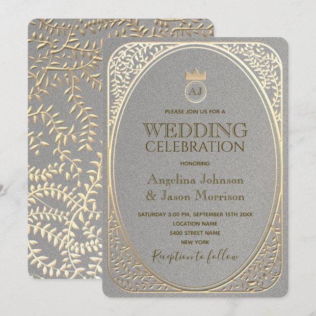 Luxury Elegant Silver & Gold Floral Swirls Wedding Invitation (Front/Back)