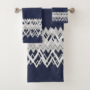 Luxury, elegant, silver lines, navy blue damasc bath towel set