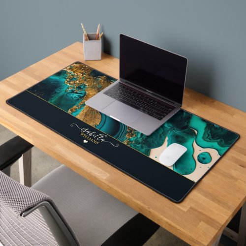 Luxury Elegant Turquoise Teal Gold Monogram Marble Desk Mat