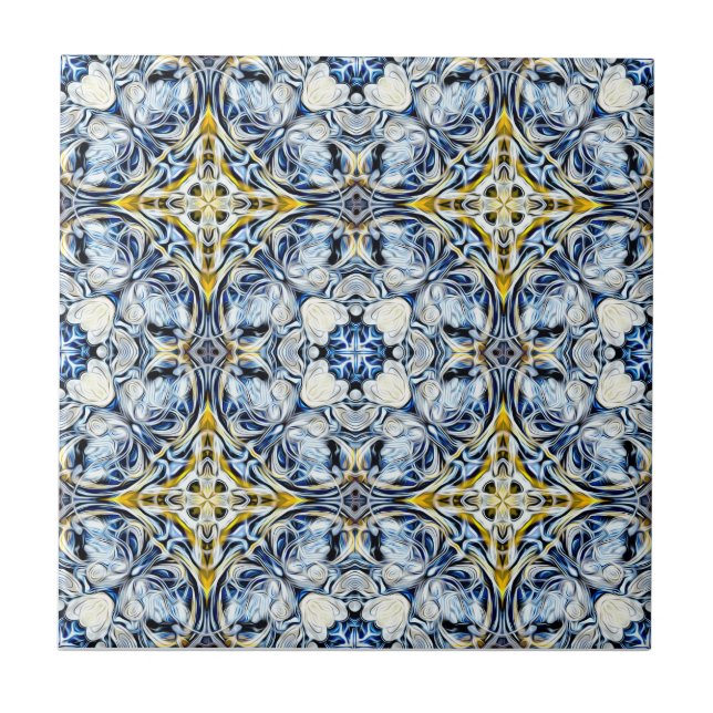 Luxury, elegant, vines, mustard yellow, navy blue ceramic tile (Front)