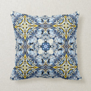 Luxury, elegant, vines, mustard yellow, navy blue throw pillow