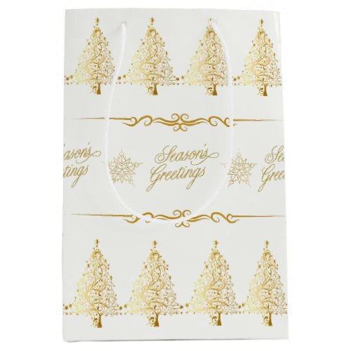 Luxury Elegant White Gold Christmas Tree Medium Gift Bag