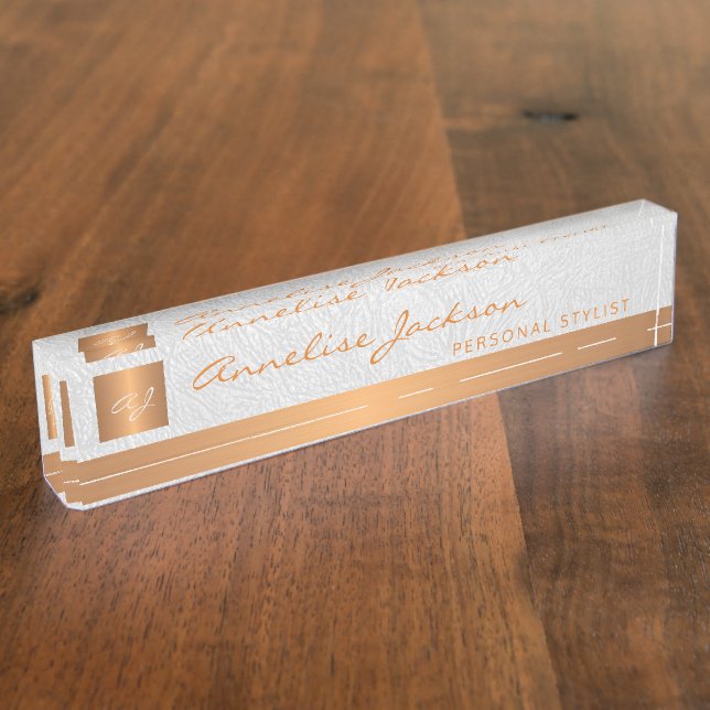 Luxury elegant white leather gold monogrammed desk name plate (Side)