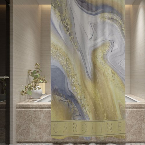 Luxury Elegant Yellow Grey Gold Marble Effect Name Shower Curtain