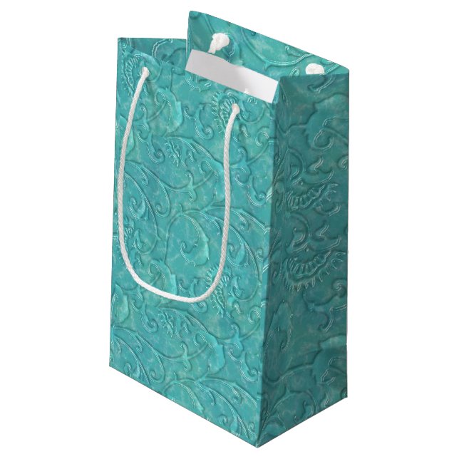 Luxury Embossed Teal Floral Vine Gift Bag (Back Angled)