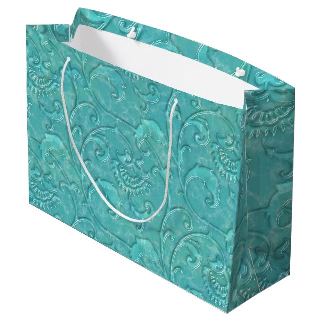 Luxury Embossed Teal Floral Vine Gift Bag (Back Angled)