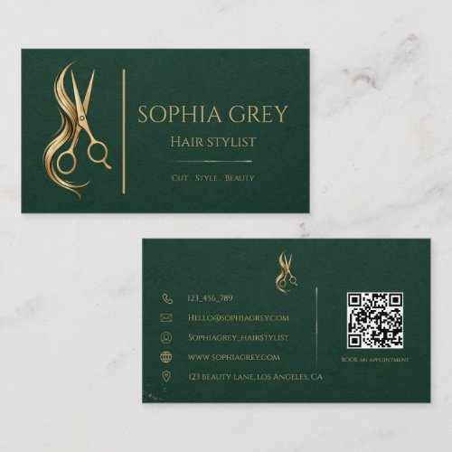 Luxury Emerald And Gold Hair Stylist Business Card