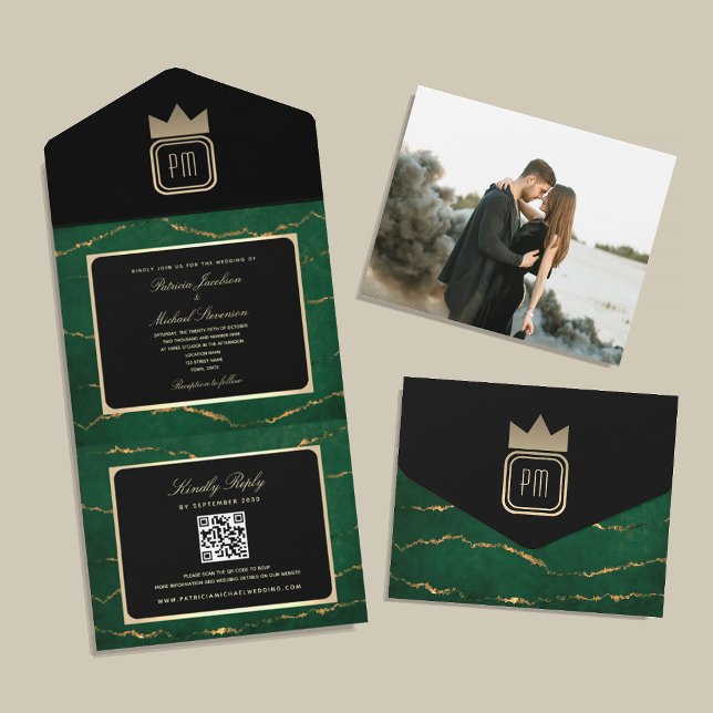 Luxury Emerald Black Gold Monogram Photo Wedding All In One Invitation (Creator Uploaded)