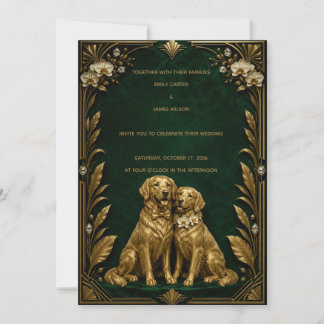 Luxury Emerald Gold Golden Retriever Wedding Invit Invitation