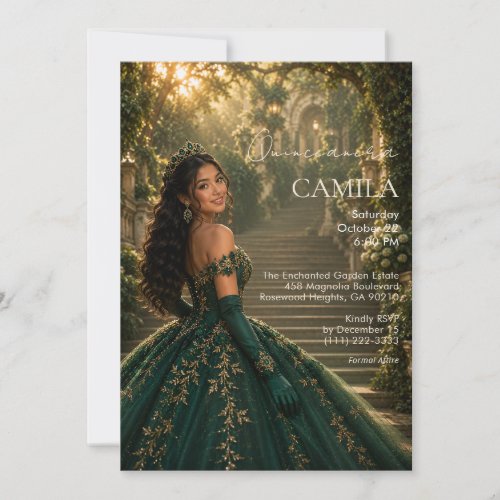 Luxury Emerald Gold Quinceañera Invitation