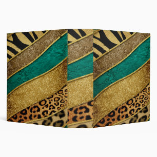 Luxury Emerald & Gold Safari Leopard Zebra Glitter 3 Ring Binder