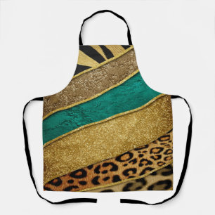 Luxury Emerald & Gold Safari Leopard Zebra Glitter Apron