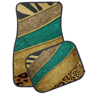 Luxury Emerald & Gold Safari Leopard Zebra Glitter Car Floor Mat