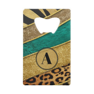 Luxury Emerald & Gold Safari Leopard Zebra Glitter Credit Card Bottle Opener