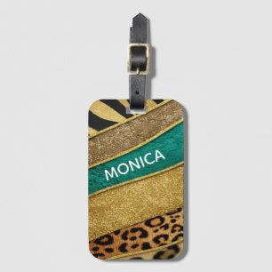 Luxury Emerald & Gold Safari Leopard Zebra Glitter Luggage Tag