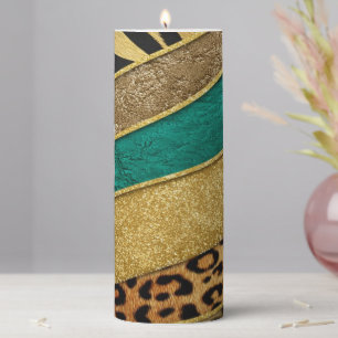 Luxury Emerald & Gold Safari Leopard Zebra Glitter Pillar Candle