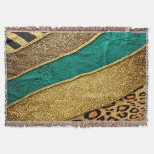Luxury Emerald & Gold Safari Leopard Zebra Glitter Throw Blanket