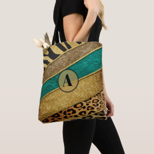 Luxury Emerald & Gold Safari Leopard Zebra Glitter Tote Bag