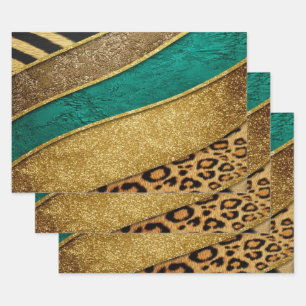 Luxury Emerald & Gold Safari Leopard Zebra Glitter Wrapping Paper Sheets