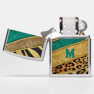 Luxury Emerald & Gold Safari Leopard Zebra Glitter Zippo Lighter