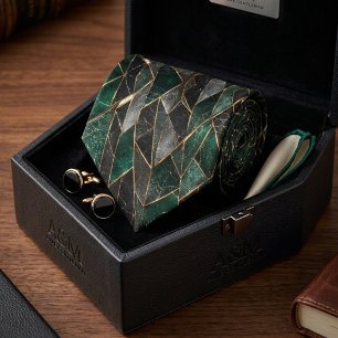 Luxury Emerald Green and Black Marble Gold Neck Tie