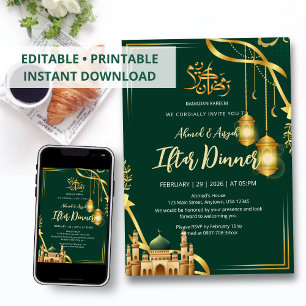 Luxury Emerald Green and Gold Mosque Iftar Dinner Invitation