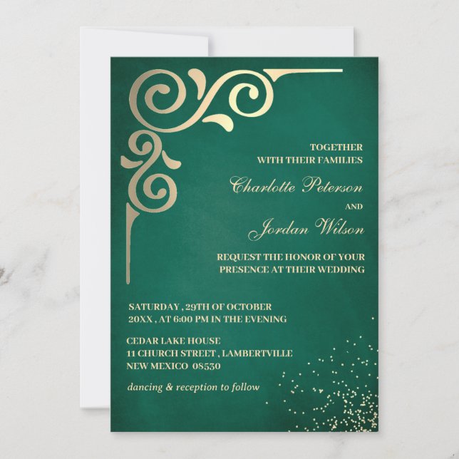 Luxury Emerald Green And Gold Wedding Invitation (Front)