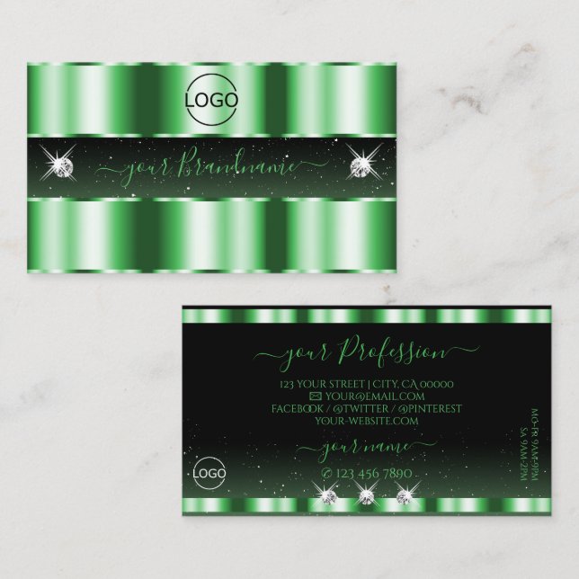 Luxury Emerald Green Black Sparkle Jewels Add Logo Business Card (Front/Back)