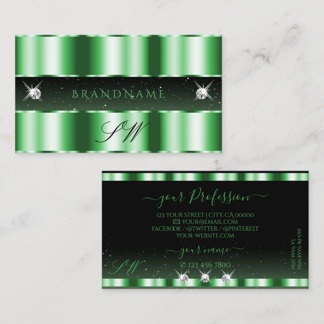 Luxury Emerald Green Black Sparkle Jewels Initials Business Card (Front/Back)