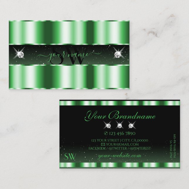 Luxury Emerald Green Black Sparkle Jewels Monogram Business Card (Front/Back)