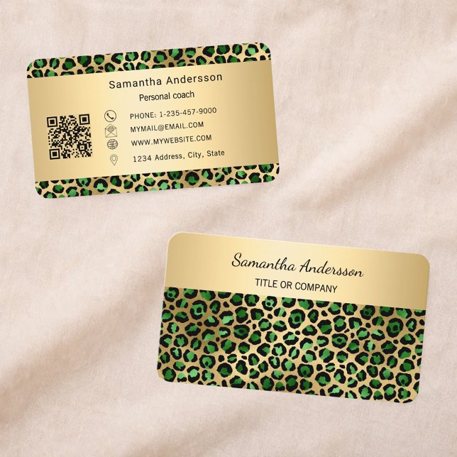 Luxury Emerald Green Gold Leopard Print QR Code Business Card (Creator Uploaded)