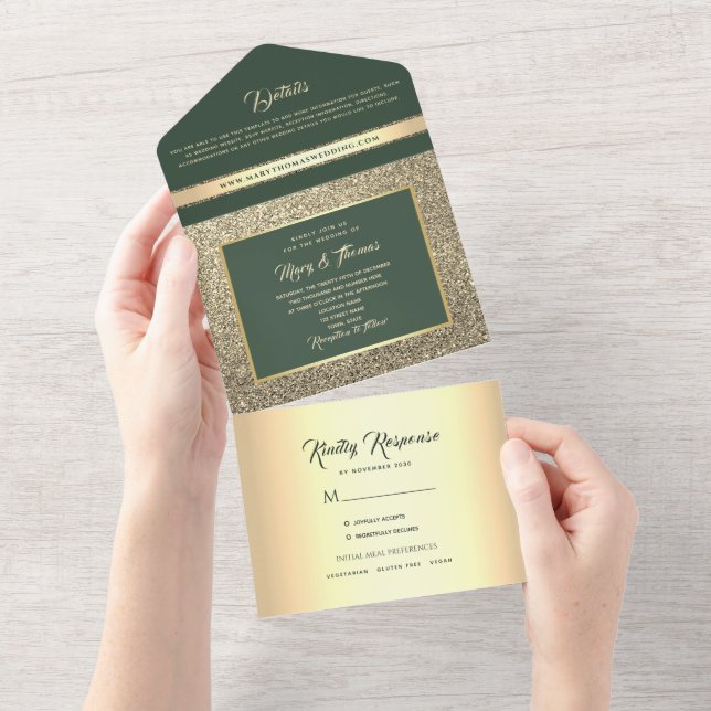 Luxury Emerald Green Gold Photo Wedding All In One Invitation (Tearaway)