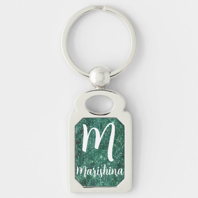 Luxury Emerald Green Shimmering Sequins Monogram Keychain (Front)