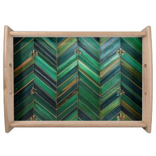 Luxury Emerald Malachite Art Deco Chevron Wooden Serving Tray