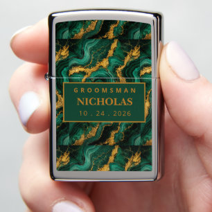 Luxury Emerald Malachite Gold Groomsmen Black Matt Zippo Lighter