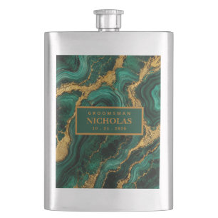 Luxury Emerald Malachite Gold Groomsmen Matte Flask