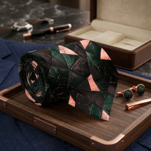 Luxury Emerald Peach and Black Marble Gold Mosaic Neck Tie