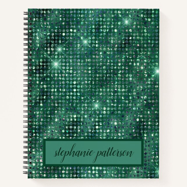 Luxury Emerald Shimmering Sequins Custom Name Notebook (Front)