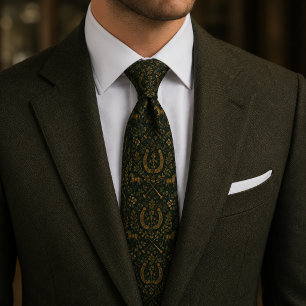 Luxury Equestrian Horse Horseshoe Gold Green Neck Tie