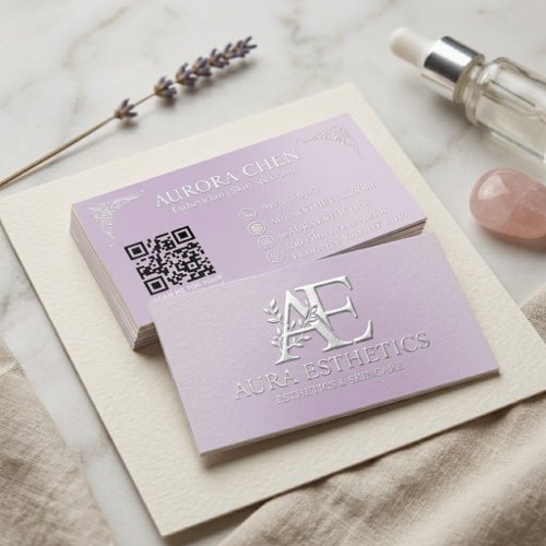 Luxury Esthetician QR Code Pastel Lavender Foil Spot Gloss Business Cards