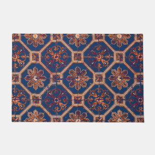 Luxury Ethnic Tile Pattern Blue and Orange Doormat